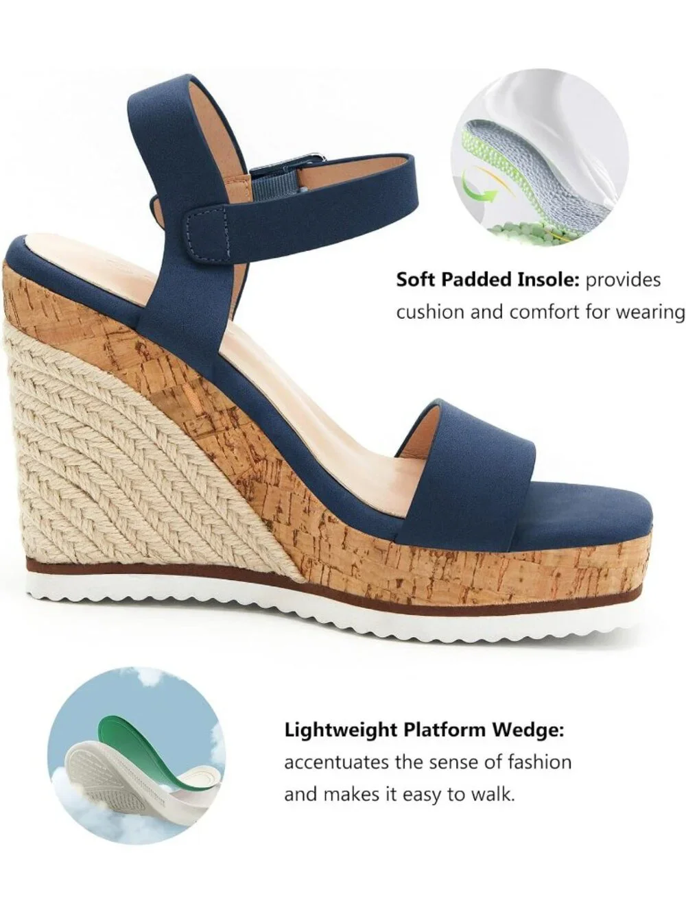 Women's Blue Espadrille Wedge Platform Sandals Open Toe Ankle Buckle Strap Shoes
